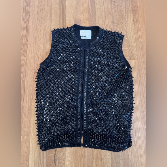 60s Vintage Black Wool Beaded Top or Vest Sz L - Picture 7 of 9